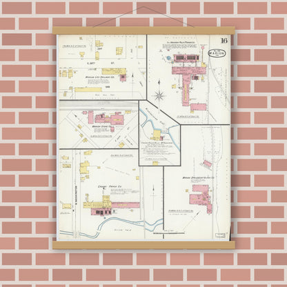 Old map wall art mockup — magnetic wood frame on brick wall — Sanborn Fire Insurance Map from Marion, Grant County, Indiana (1896), Sheet #0016