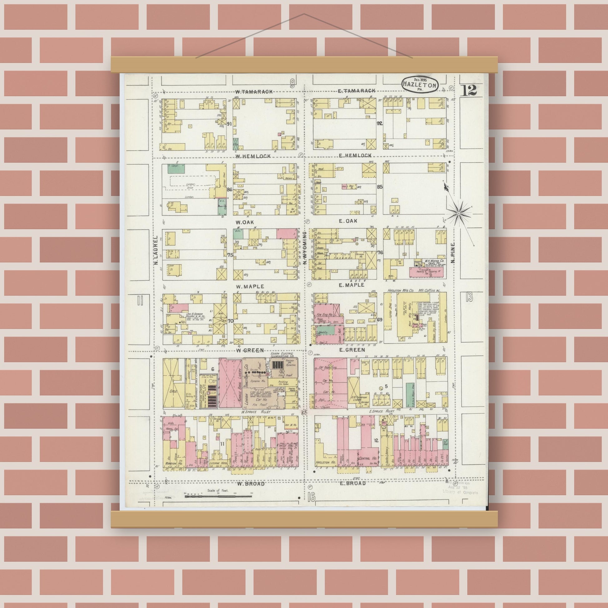 Old map wall art mockup — magnetic wood frame on brick wall — Sanborn Fire Insurance Map from Hazleton, Luzerne County, Pennsylvania (1895), Sheet #0012