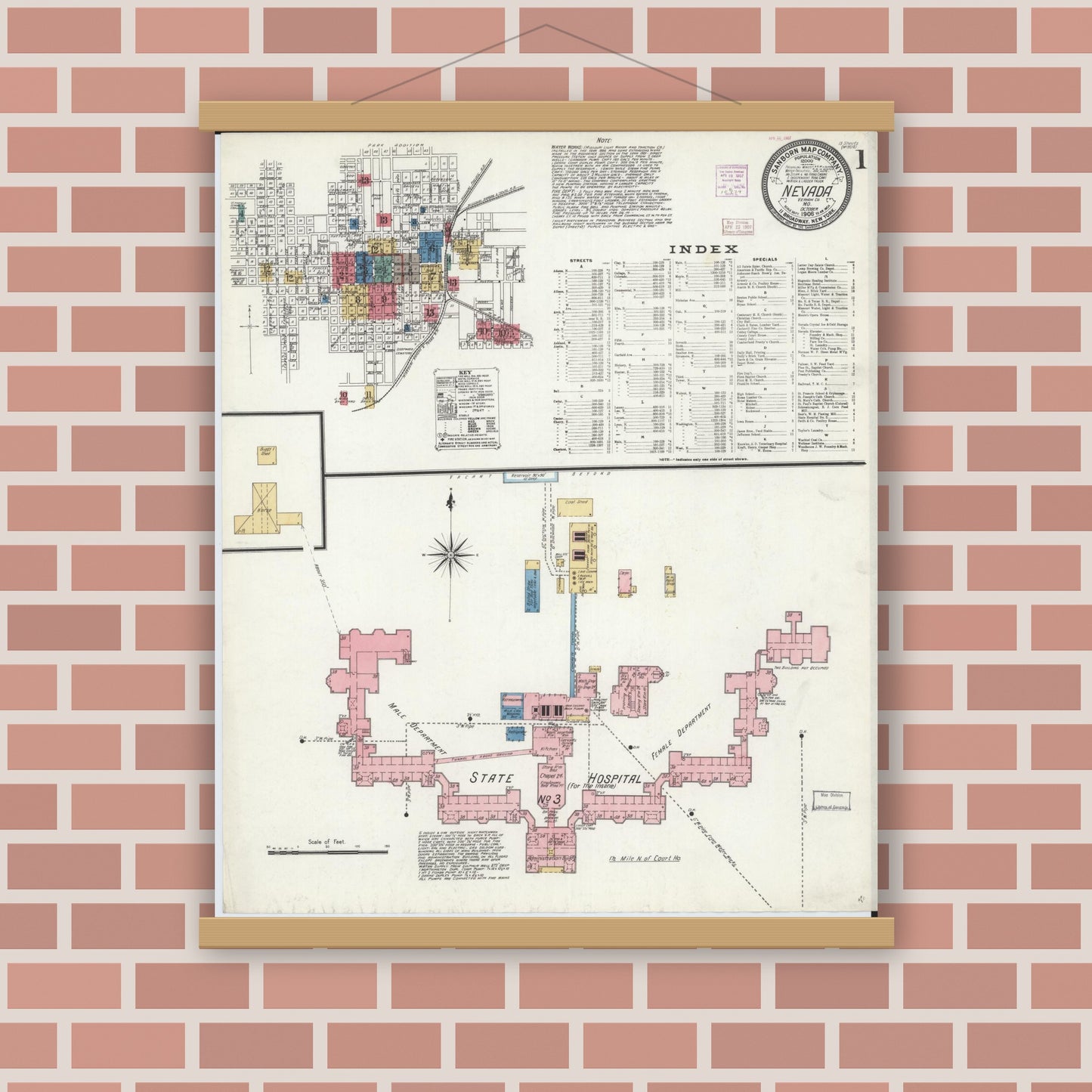 Old map wall art mockup — magnetic wood frame on brick wall — Sanborn Fire Insurance Map from Nevada, Vernon County, Missouri (1906) - Complete Map Set