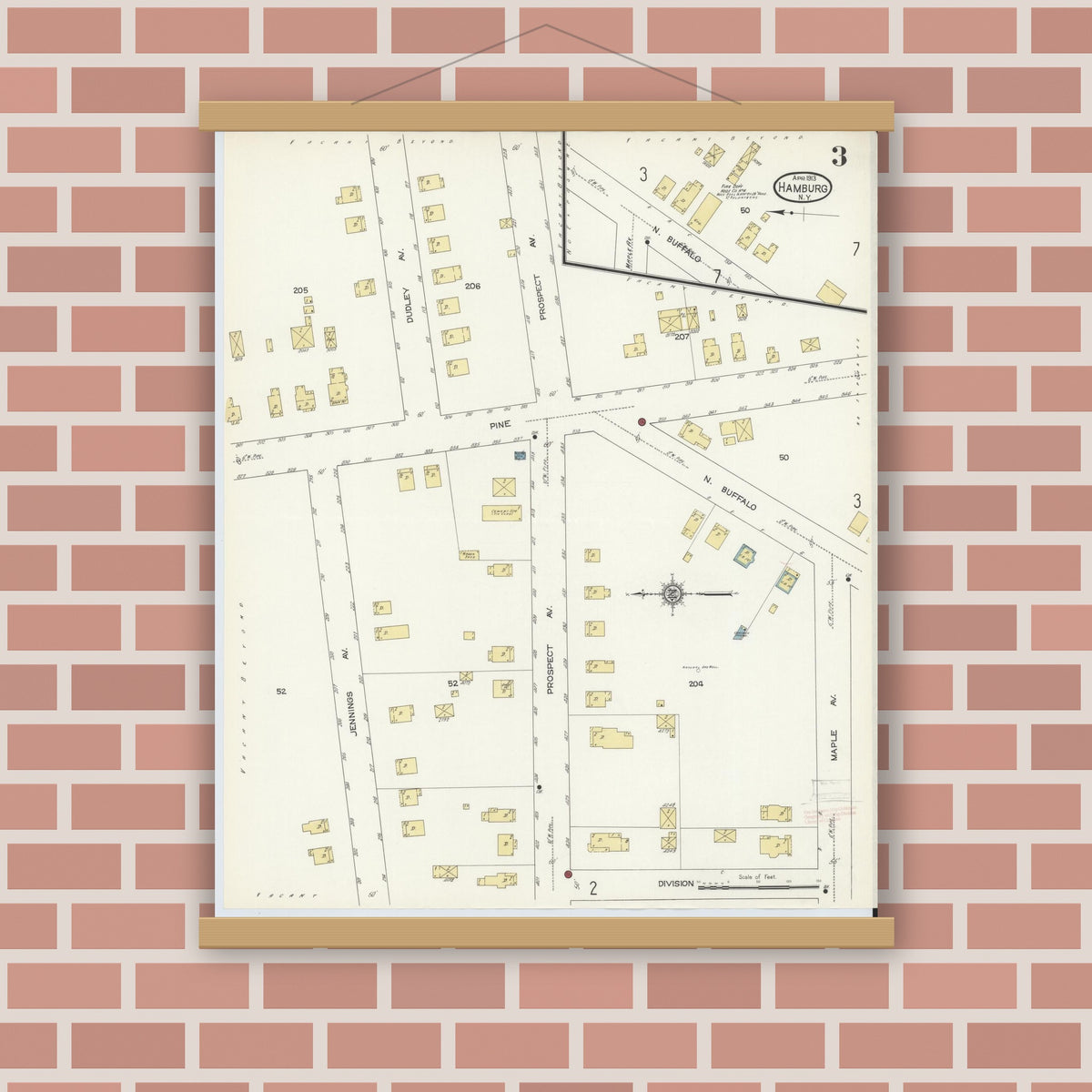 Old map wall art mockup — magnetic wood frame on brick wall — Sanborn Fire Insurance Map from Hamburg, Erie County, New York (1913), Sheet #0003