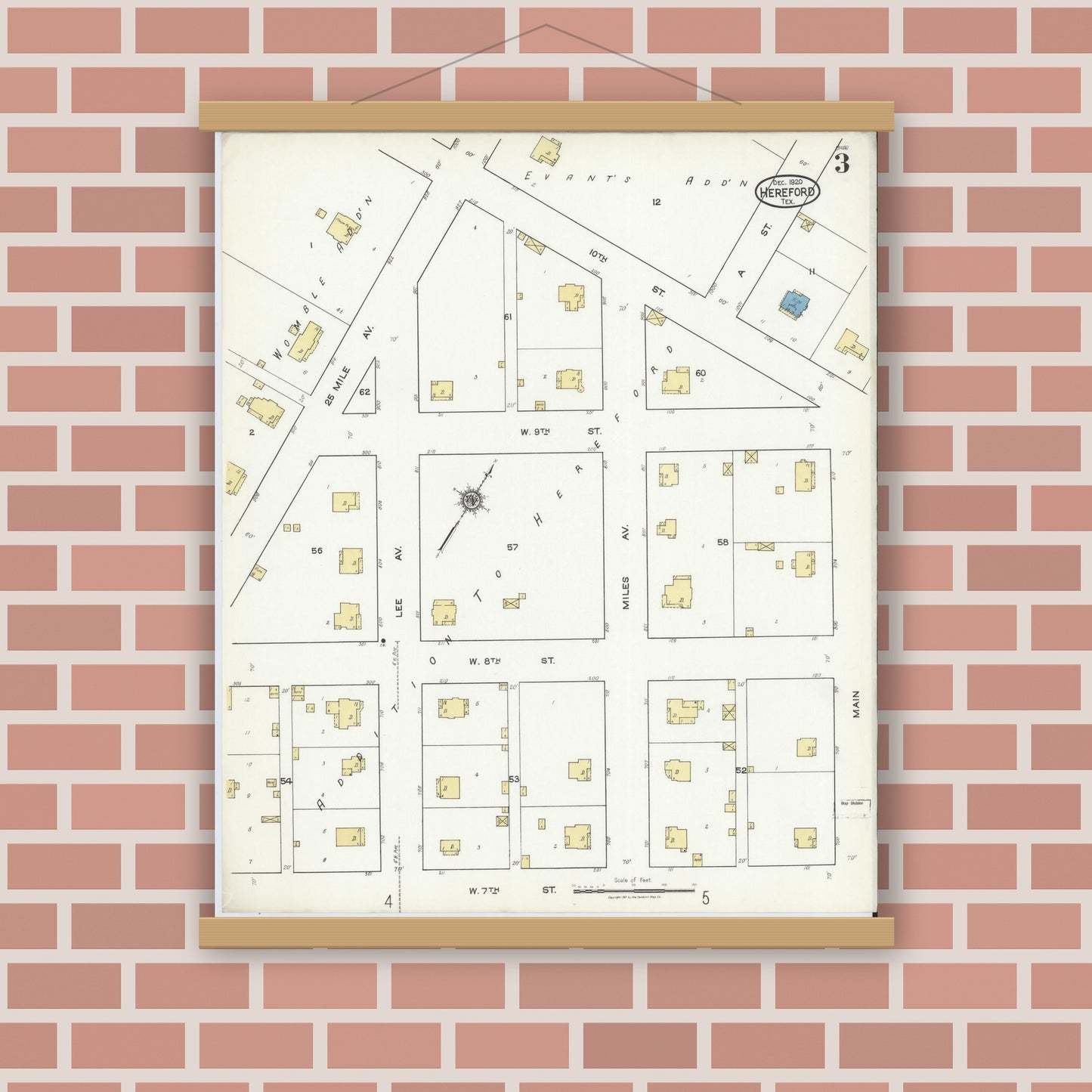 Old map wall art mockup — magnetic wood frame on brick wall — Sanborn Fire Insurance Map from Hereford, Deaf Smith County, Texas (1920), Sheet #0003