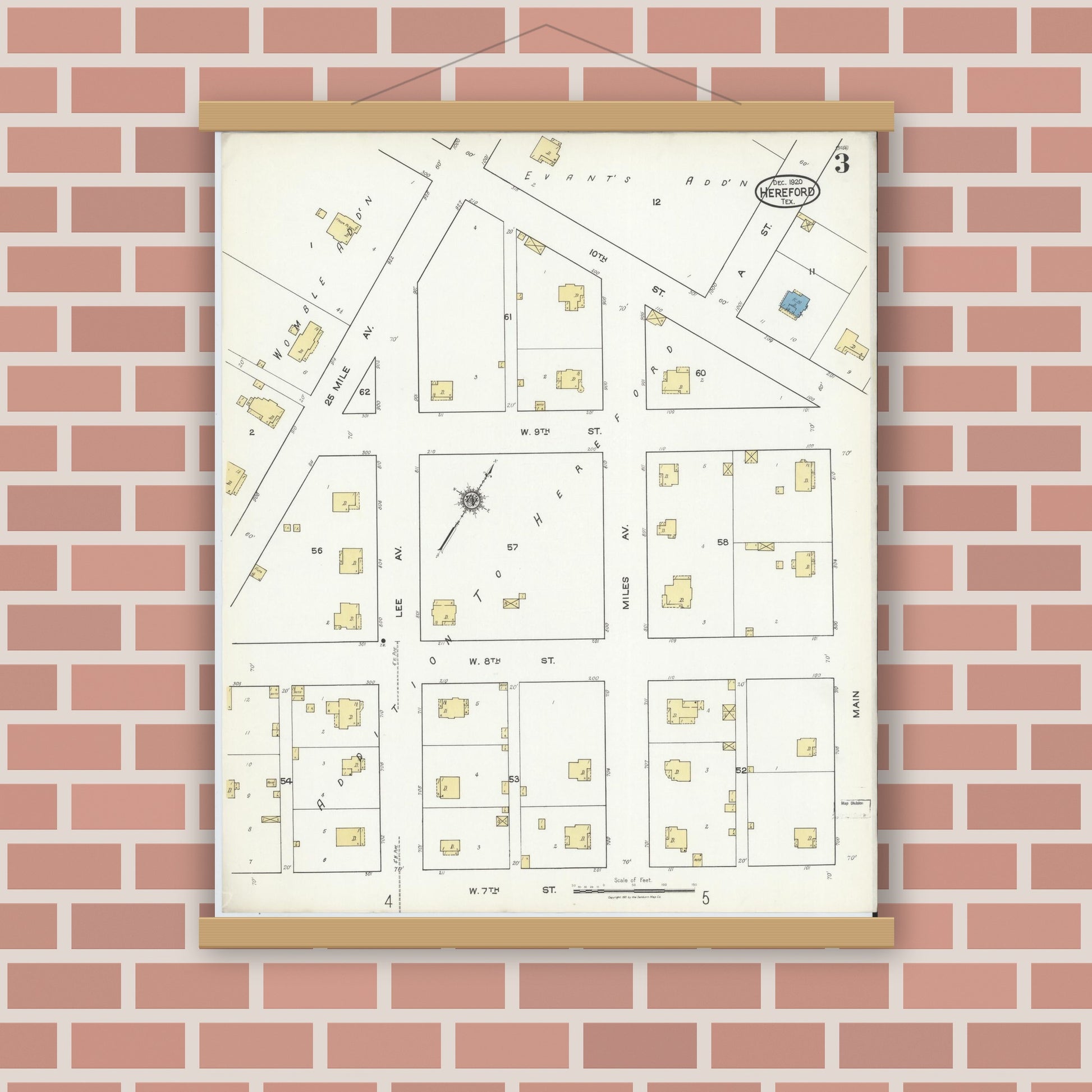 Old map wall art mockup — magnetic wood frame on brick wall — Sanborn Fire Insurance Map from Hereford, Deaf Smith County, Texas (1920), Sheet #0003