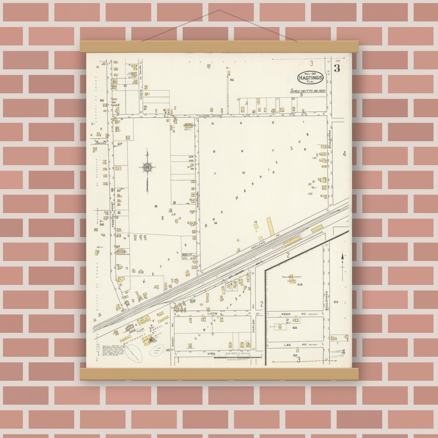 Old map wall art mockup — magnetic wood frame on brick wall — Sanborn Fire Insurance Map from Hastings, St. Johns County, Florida (1921), Sheet #0003