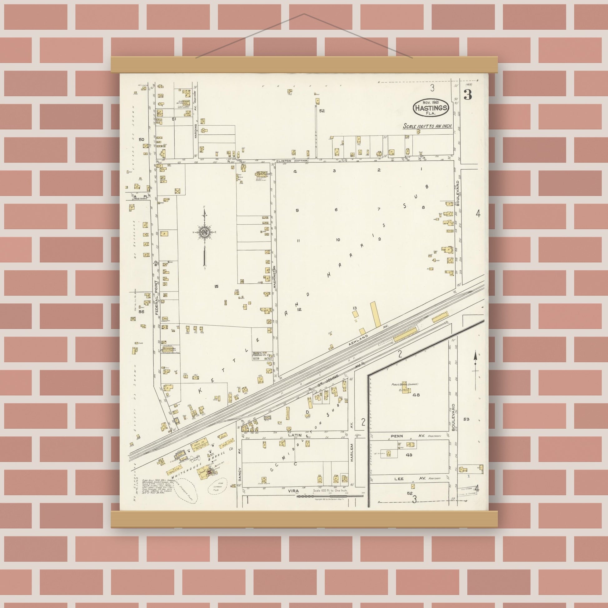 Old map wall art mockup — magnetic wood frame on brick wall — Sanborn Fire Insurance Map from Hastings, St. Johns County, Florida (1921), Sheet #0003