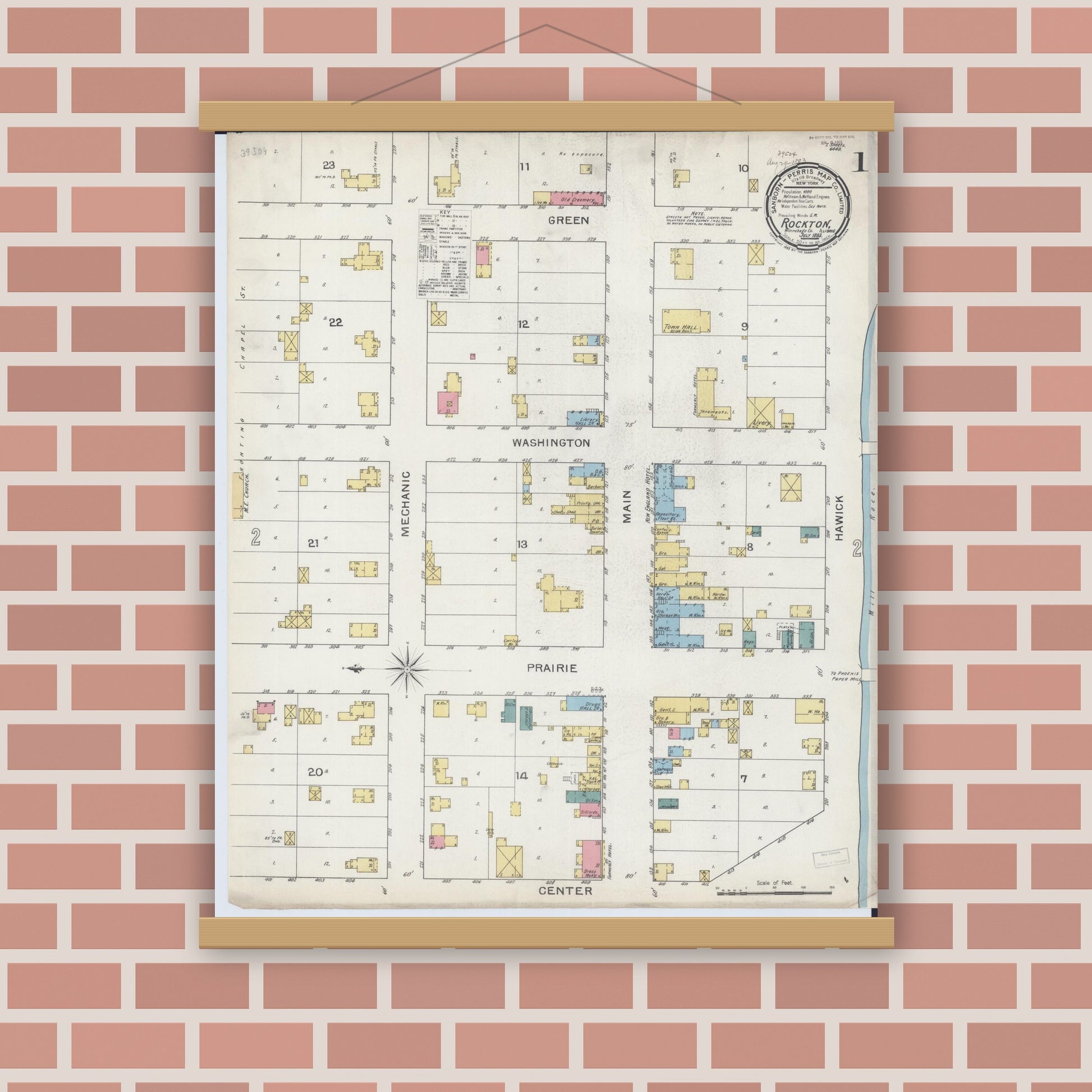 Old map wall art mockup — magnetic wood frame on brick wall — Sanborn Fire Insurance Map from Rockton, Winnebago County, Illinois (1893) - Complete Map Set
