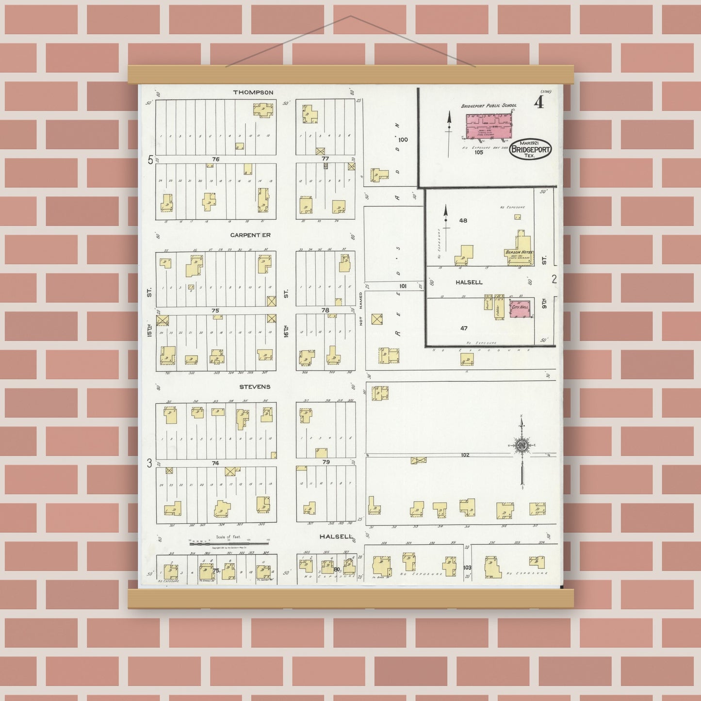 Old map wall art mockup — magnetic wood frame on brick wall — Sanborn Fire Insurance Map from Bridgeport, Wise County, Texas (1921), Sheet #0004