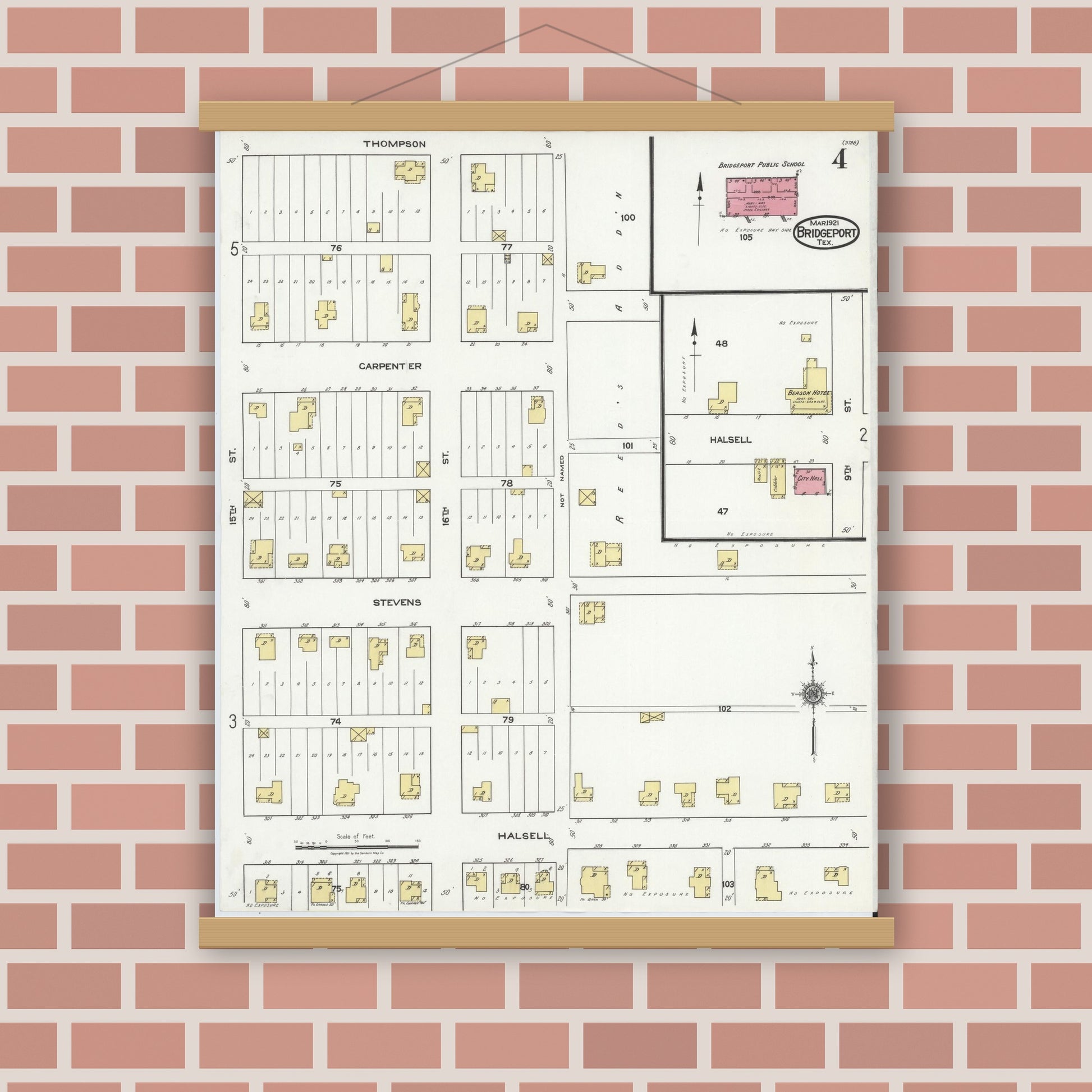 Old map wall art mockup — magnetic wood frame on brick wall — Sanborn Fire Insurance Map from Bridgeport, Wise County, Texas (1921), Sheet #0004