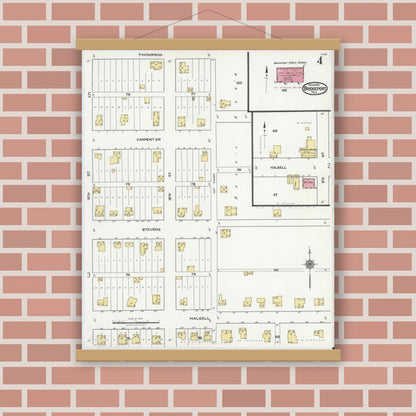 Old map wall art mockup — magnetic wood frame on brick wall — Sanborn Fire Insurance Map from Bridgeport, Wise County, Texas (1921), Sheet #0004