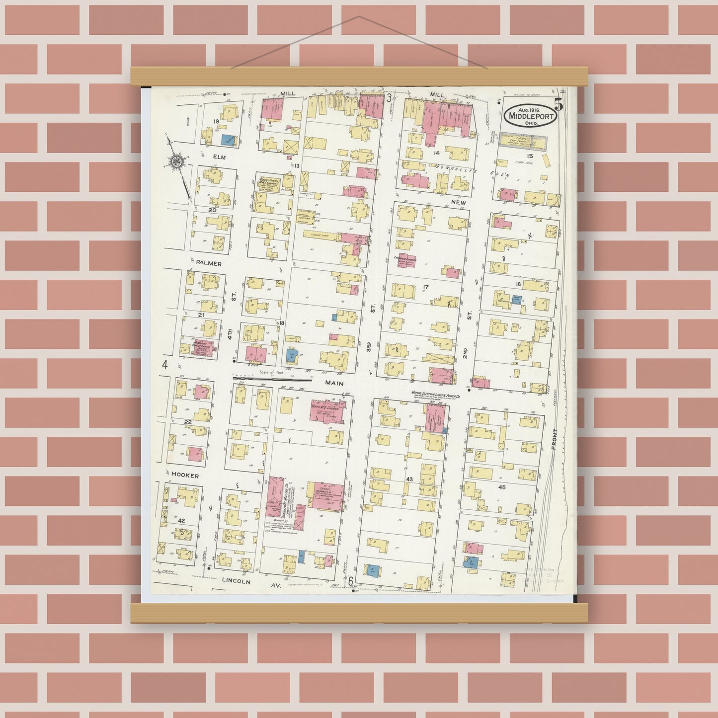 Old map wall art mockup — magnetic wood frame on brick wall — Sanborn Fire Insurance Map from Middleport, Meigs County, Ohio (1916), Sheet #0005
