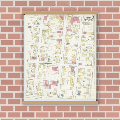 Old map wall art mockup — magnetic wood frame on brick wall — Sanborn Fire Insurance Map from Middleport, Meigs County, Ohio (1916), Sheet #0005