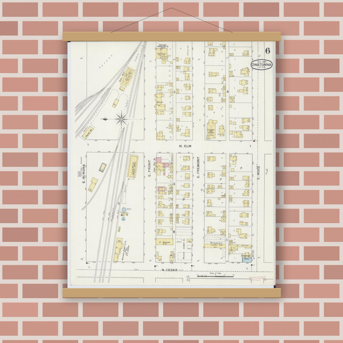 Old map wall art mockup — magnetic wood frame on brick wall — Sanborn Fire Insurance Map from Owatonna, Steele County, Minnesota (1894), Sheet #0006