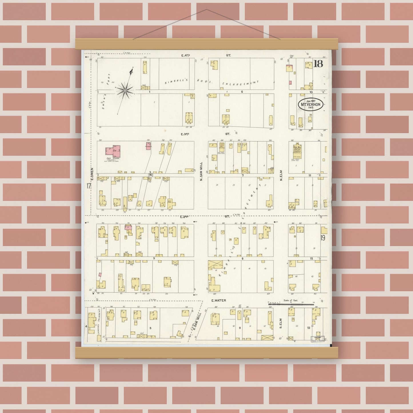 Old map wall art mockup — magnetic wood frame on brick wall — Sanborn Fire Insurance Map from Mount Vernon, Posey County, Indiana (1907), Sheet #0018