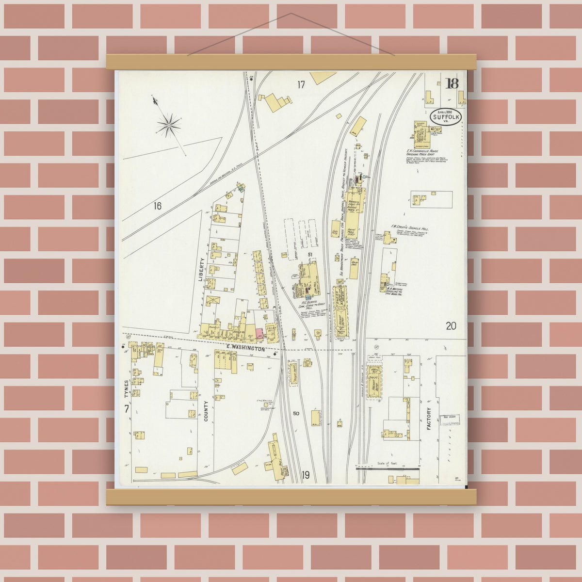 Old map wall art mockup — magnetic wood frame on brick wall — Sanborn Fire Insurance Map from Suffolk, Independent Cities, Virginia (1898), Sheet #0018