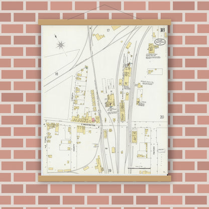 Old map wall art mockup — magnetic wood frame on brick wall — Sanborn Fire Insurance Map from Suffolk, Independent Cities, Virginia (1898), Sheet #0018