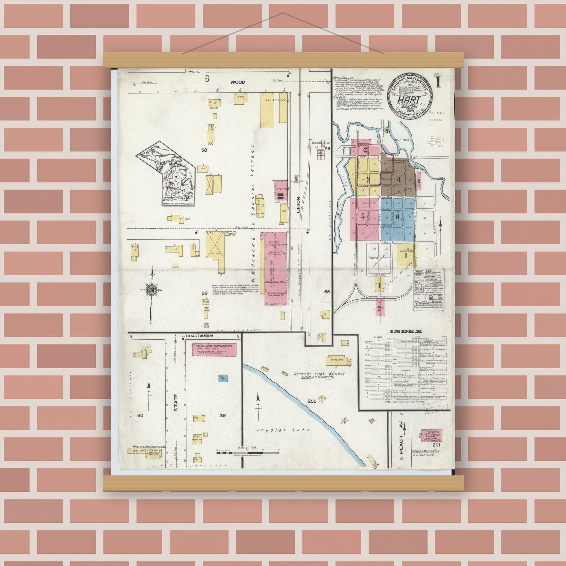 Old map wall art mockup — magnetic wood frame on brick wall — Sanborn Fire Insurance Map from Hart, Oceana County, Michigan (1920) - Complete Map Set