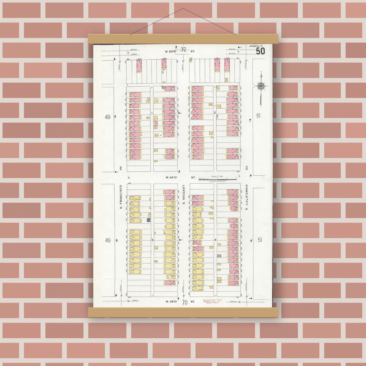 Old map wall art mockup — magnetic wood frame on brick wall — Sanborn Fire Insurance Map from Chicago, Cook County, Illinois (1920), Sheet #0050