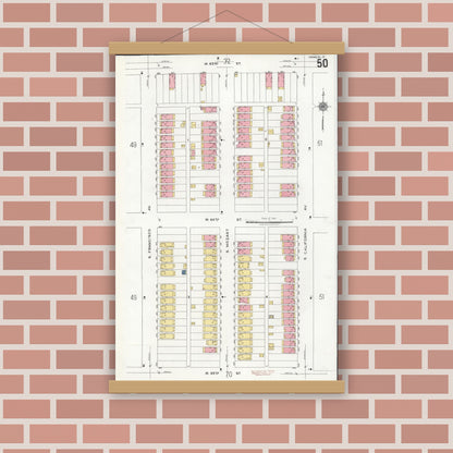 Old map wall art mockup — magnetic wood frame on brick wall — Sanborn Fire Insurance Map from Chicago, Cook County, Illinois (1920), Sheet #0050