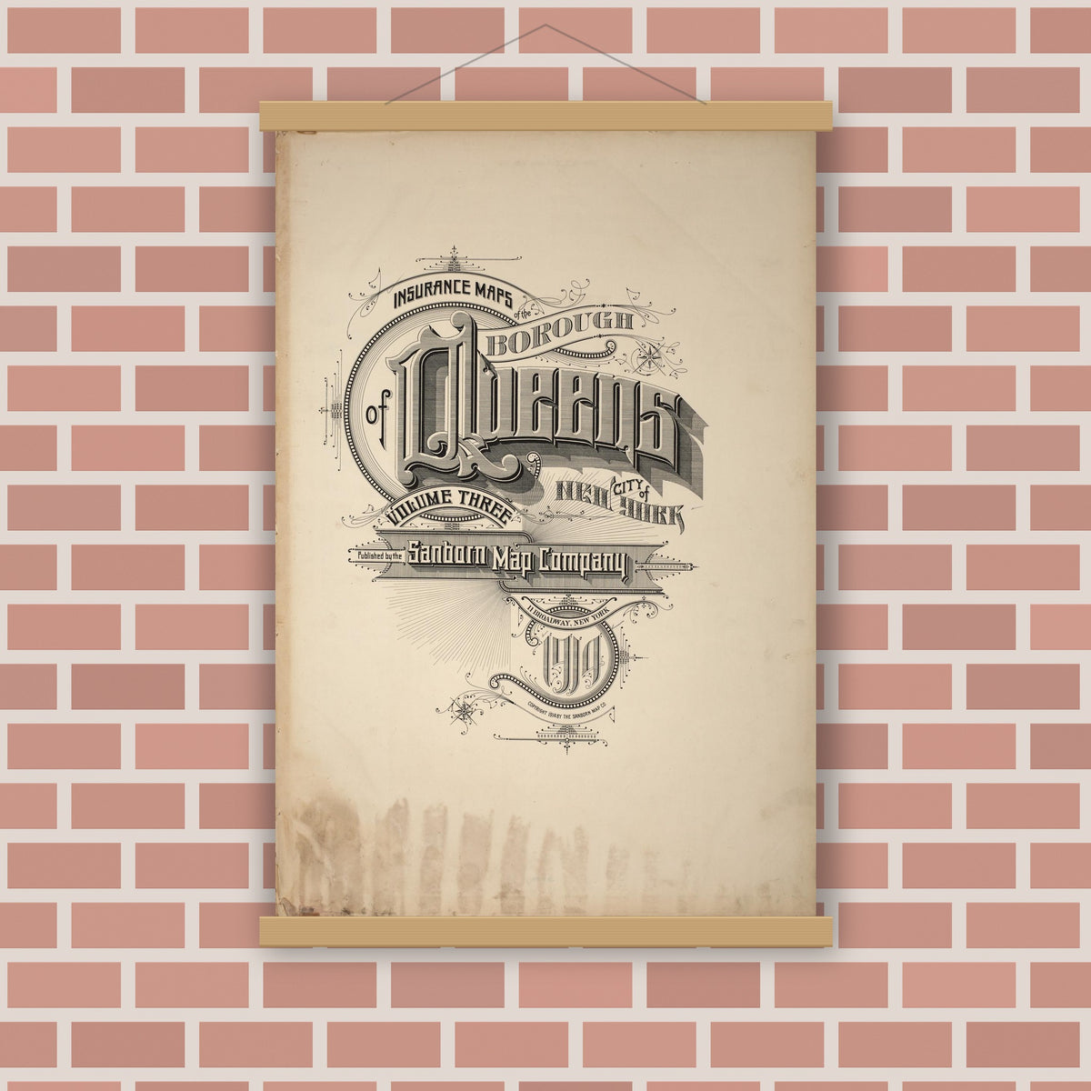Old map wall art mockup — magnetic wood frame on brick wall — Sanborn Fire Insurance Map from Queens, Queens County, New York (1914), Sheet #0001