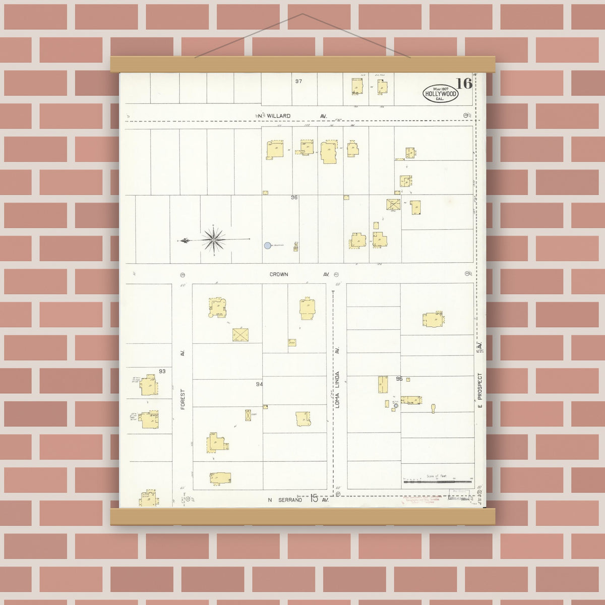 Old map wall art mockup — magnetic wood frame on brick wall — Sanborn Fire Insurance Map from Hollywood, Los Angeles County, California (1907), Sheet #0016