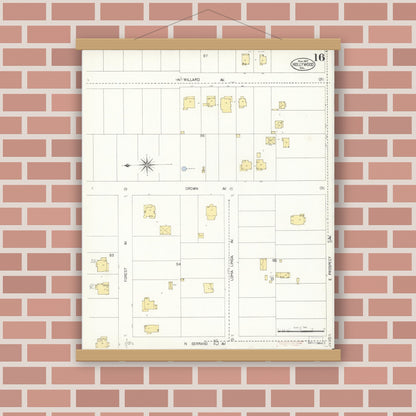 Old map wall art mockup — magnetic wood frame on brick wall — Sanborn Fire Insurance Map from Hollywood, Los Angeles County, California (1907), Sheet #0016
