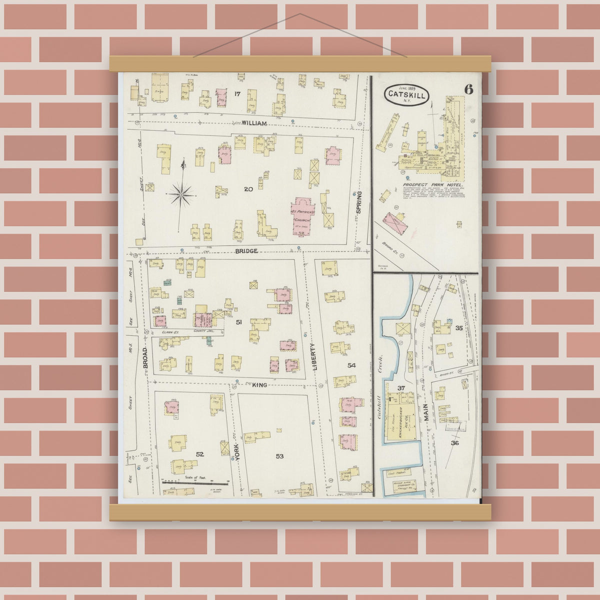 Old map wall art mockup — magnetic wood frame on brick wall — Sanborn Fire Insurance Map from Catskill, Greene County, New York (1889), Sheet #0006