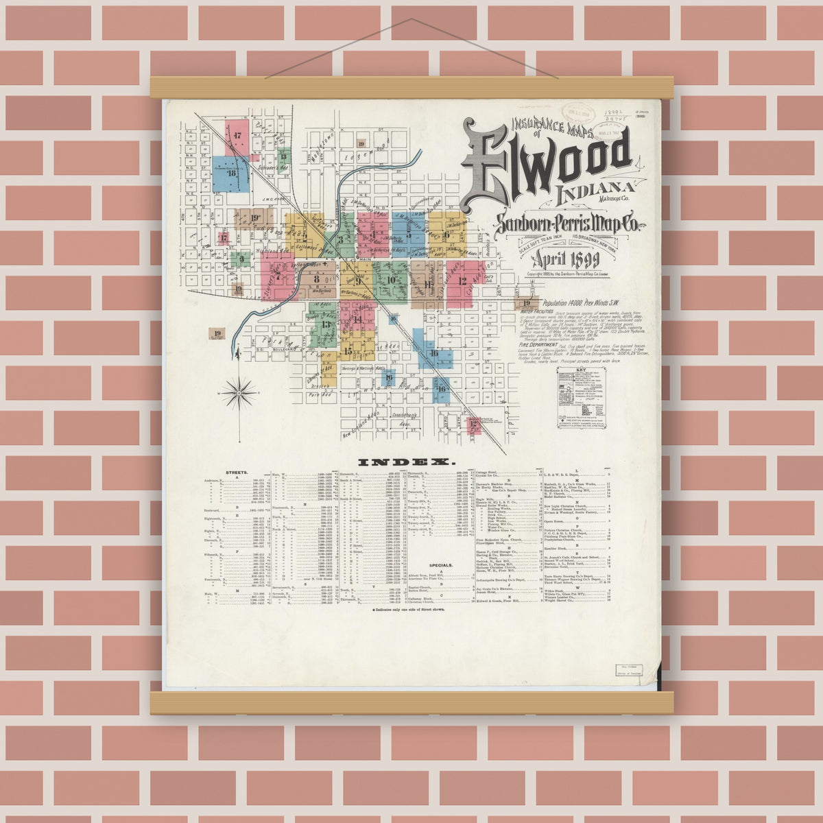 Old map wall art mockup — magnetic wood frame on brick wall — Sanborn Fire Insurance Map from Elwood, Madison County, Indiana (1899) - Complete Map Set