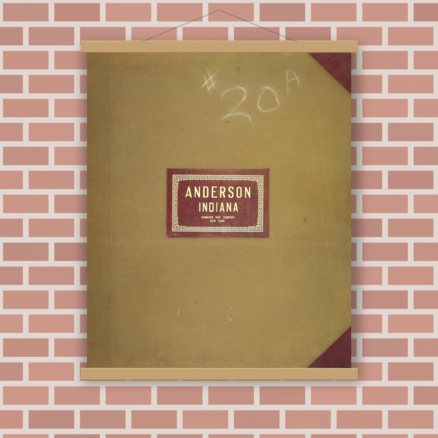 Old map wall art mockup — magnetic wood frame on brick wall — Sanborn Fire Insurance Map from Anderson, Madison County, Indiana (1950), Sheet #0001