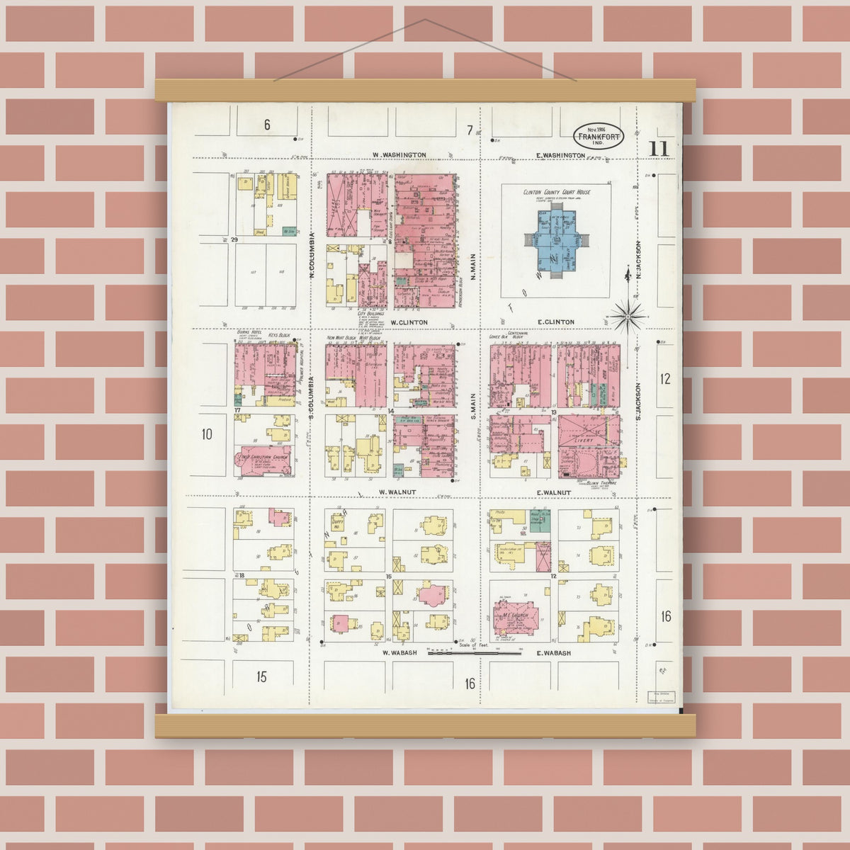 Old map wall art mockup — magnetic wood frame on brick wall — Sanborn Fire Insurance Map from Frankfort, Clinton County, Indiana (1906), Sheet #0011