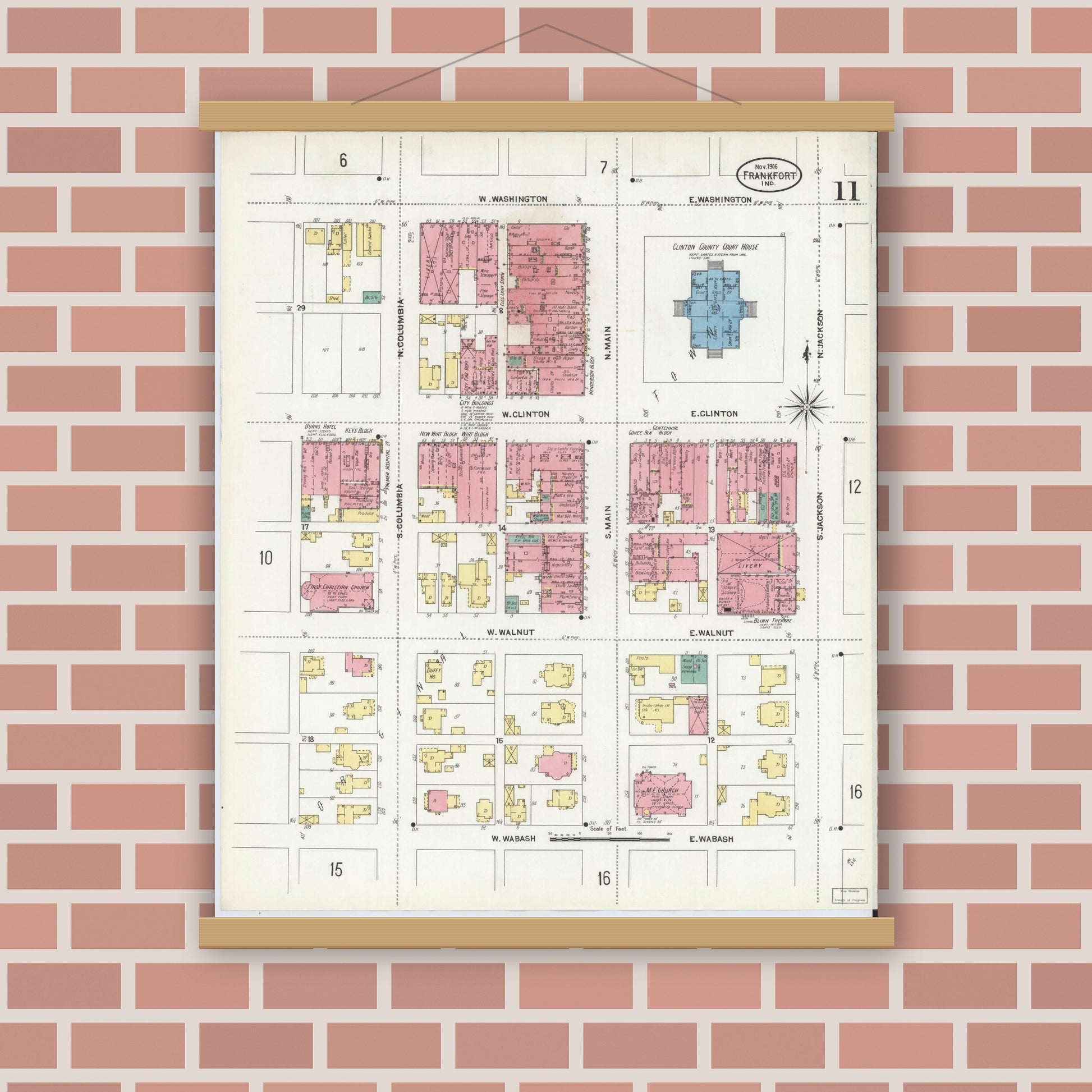 Old map wall art mockup — magnetic wood frame on brick wall — Sanborn Fire Insurance Map from Frankfort, Clinton County, Indiana (1906), Sheet #0011