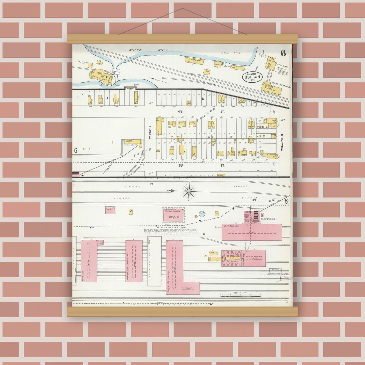 Old map wall art mockup — magnetic wood frame on brick wall — Sanborn Fire Insurance Map from Hudson, St. Croix County, Wisconsin (1900), Sheet #0006