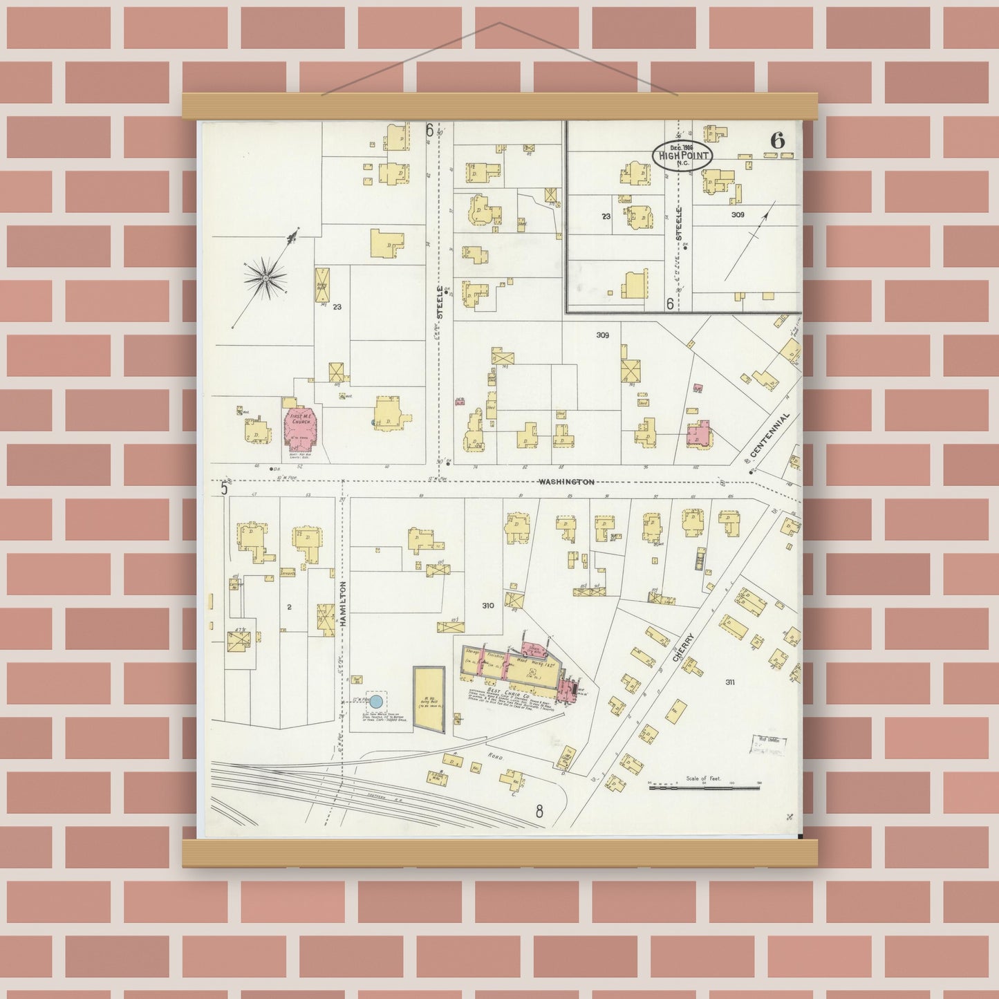 Old map wall art mockup — magnetic wood frame on brick wall — Sanborn Fire Insurance Map from High Point, Guilford County, North Carolina (1906), Sheet #0006