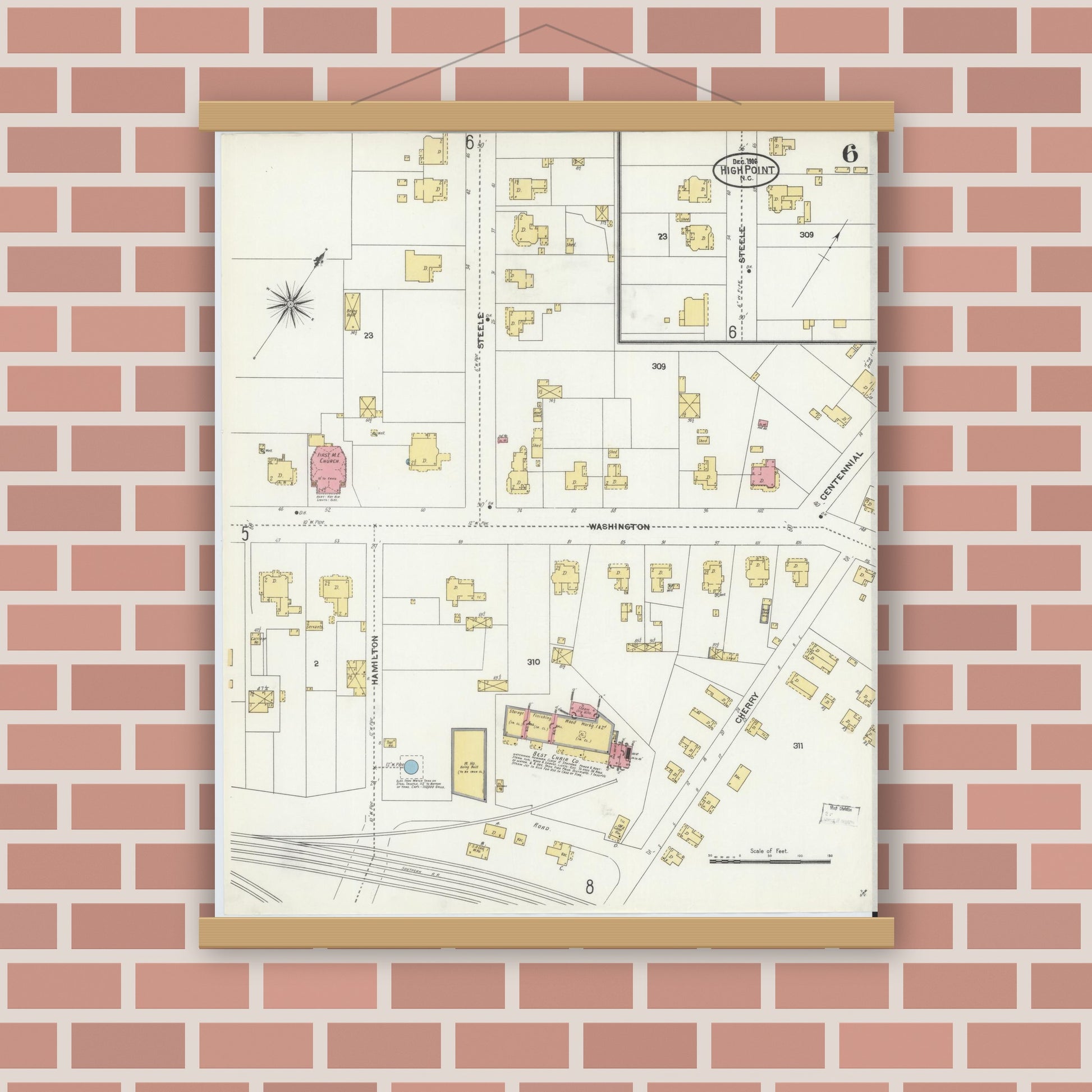 Old map wall art mockup — magnetic wood frame on brick wall — Sanborn Fire Insurance Map from High Point, Guilford County, North Carolina (1906), Sheet #0006