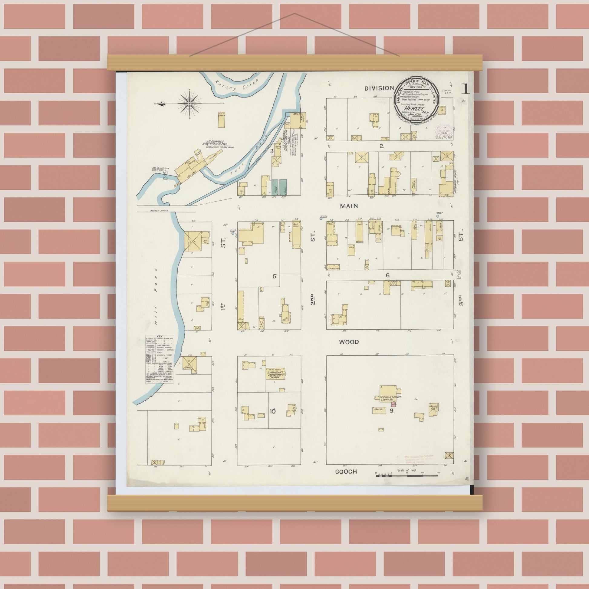 Old map wall art mockup — magnetic wood frame on brick wall — Sanborn Fire Insurance Map from Hersey, Osceola County, Michigan (1894), Sheet #0001