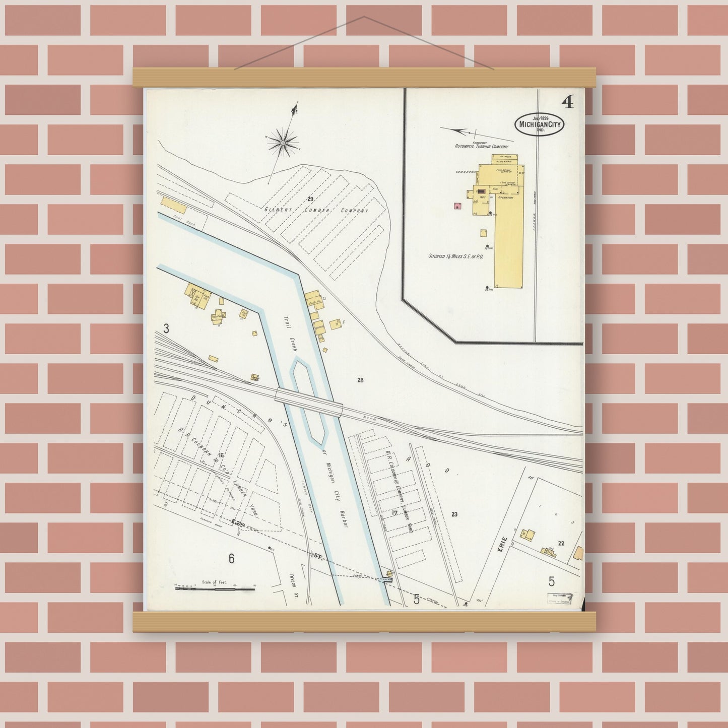Old map wall art mockup — magnetic wood frame on brick wall — Sanborn Fire Insurance Map from Michigan City, La Porte County, Indiana (1899), Sheet #0004