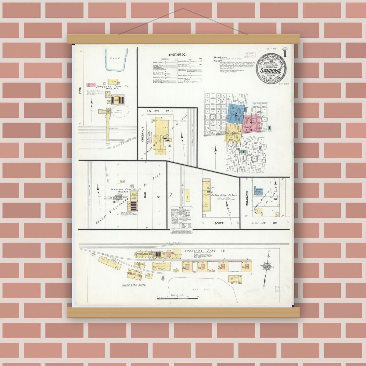 Old map wall art mockup — magnetic wood frame on brick wall — Sanborn Fire Insurance Map from Sandoval, Marion County, Illinois (1912) - Complete Map Set