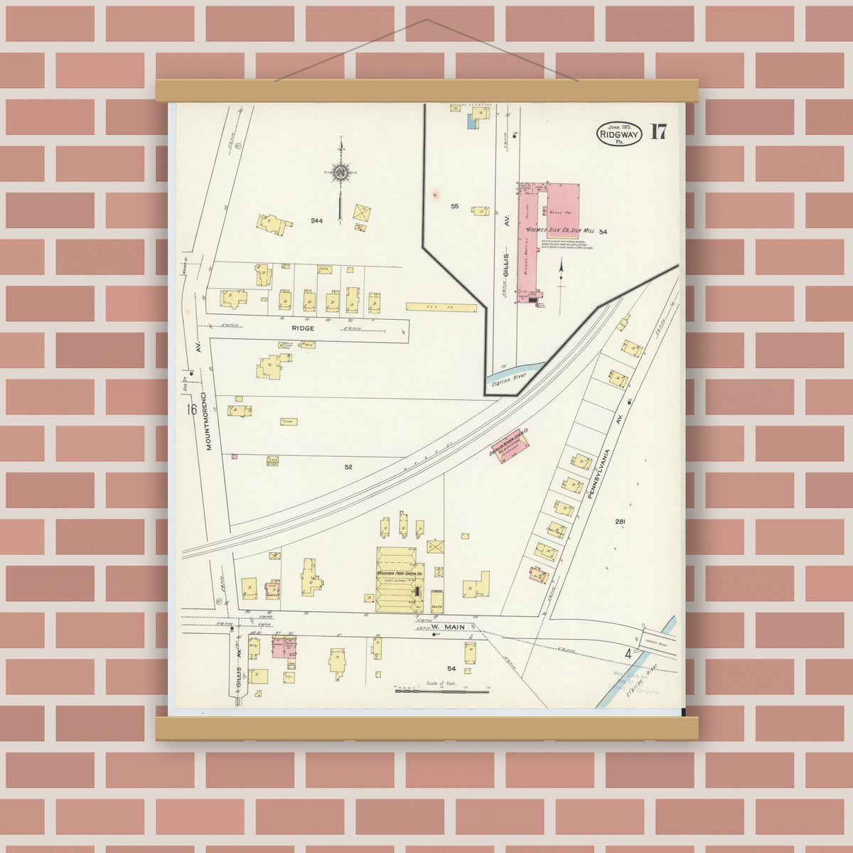 Old map wall art mockup — magnetic wood frame on brick wall — Sanborn Fire Insurance Map from Ridgway, Elk County, Pennsylvania (1915), Sheet #0017
