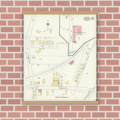 Old map wall art mockup — magnetic wood frame on brick wall — Sanborn Fire Insurance Map from Ridgway, Elk County, Pennsylvania (1915), Sheet #0017