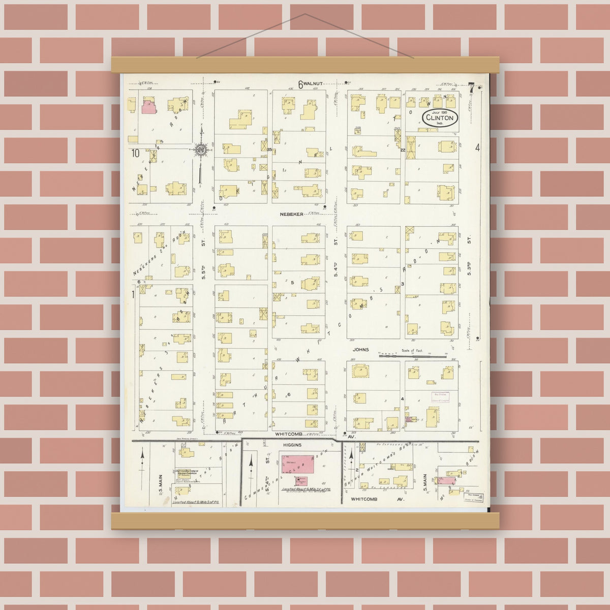 Old map wall art mockup — magnetic wood frame on brick wall — Sanborn Fire Insurance Map from Clinton, Vermillion County, Indiana (1910), Sheet #0007