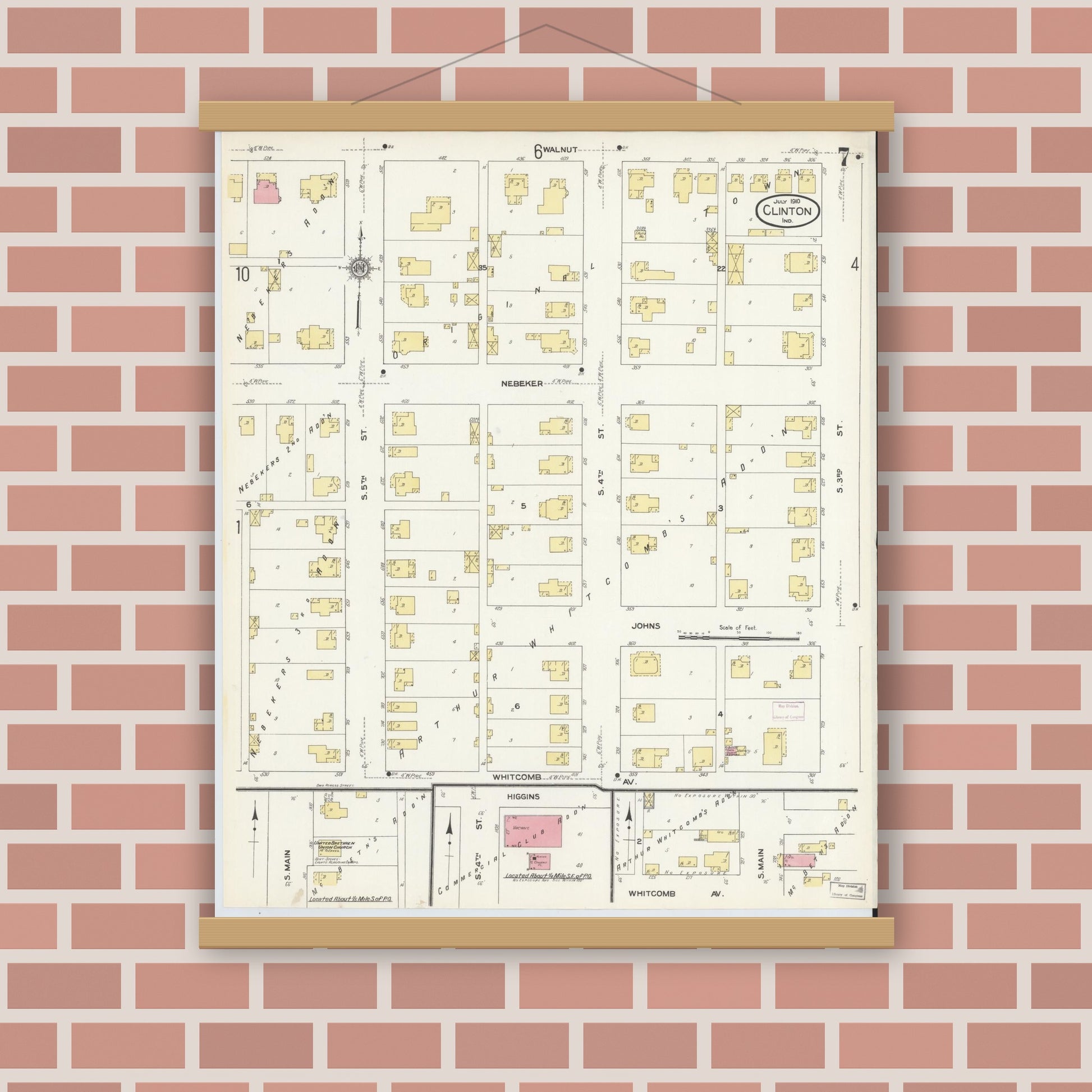 Old map wall art mockup — magnetic wood frame on brick wall — Sanborn Fire Insurance Map from Clinton, Vermillion County, Indiana (1910), Sheet #0007