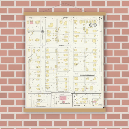 Old map wall art mockup — magnetic wood frame on brick wall — Sanborn Fire Insurance Map from Clinton, Vermillion County, Indiana (1910), Sheet #0007