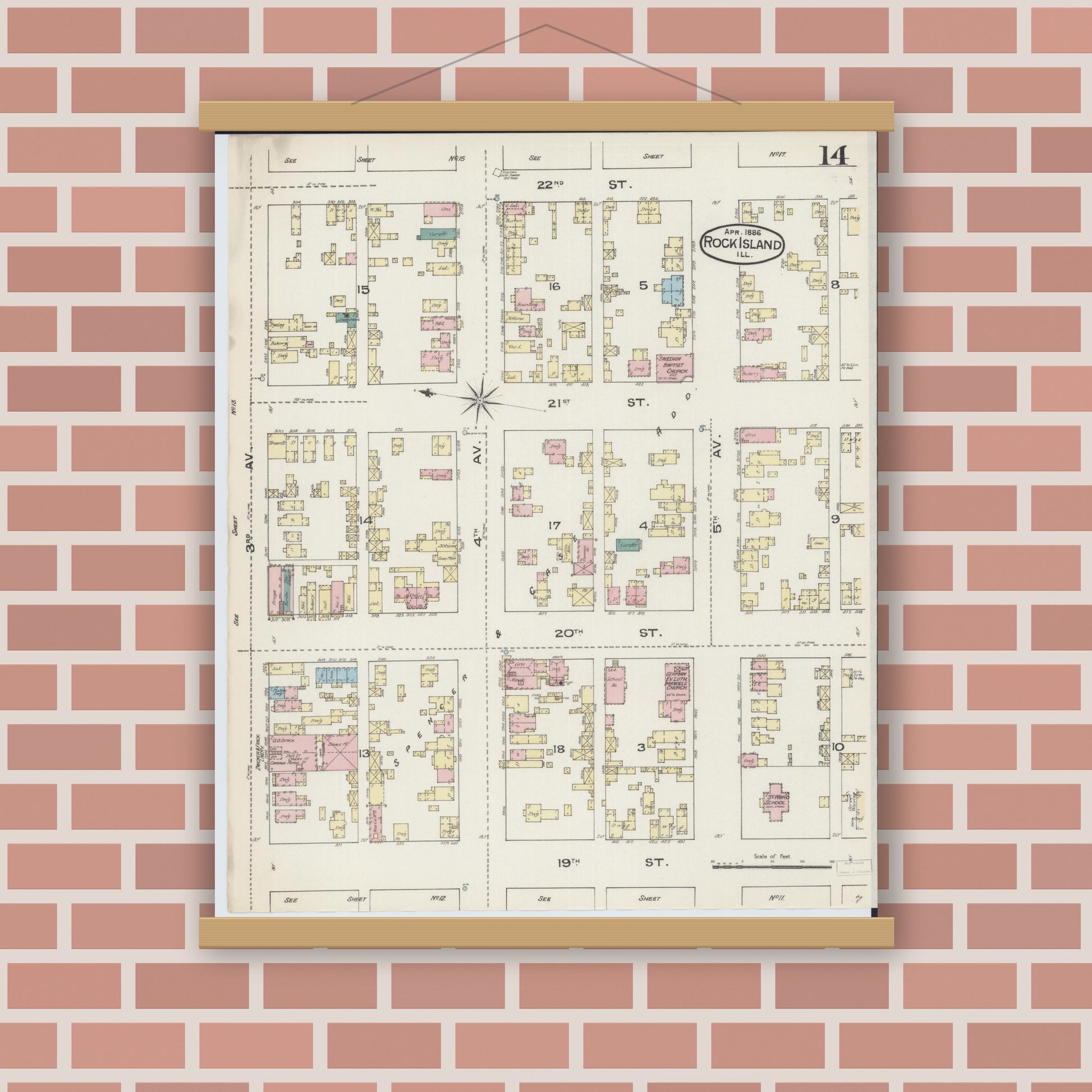 Old map wall art mockup — magnetic wood frame on brick wall — Sanborn Fire Insurance Map from Rock Island, Rock Island County, Illinois (1886), Sheet #0014