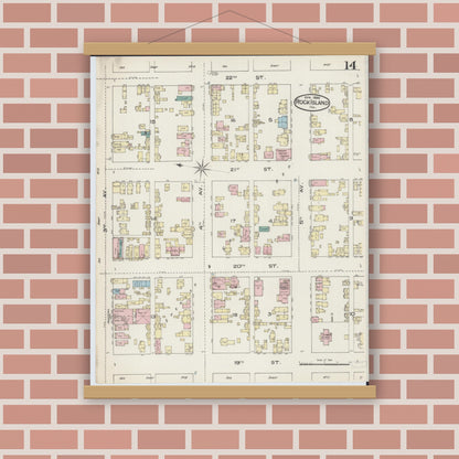 Old map wall art mockup — magnetic wood frame on brick wall — Sanborn Fire Insurance Map from Rock Island, Rock Island County, Illinois (1886), Sheet #0014