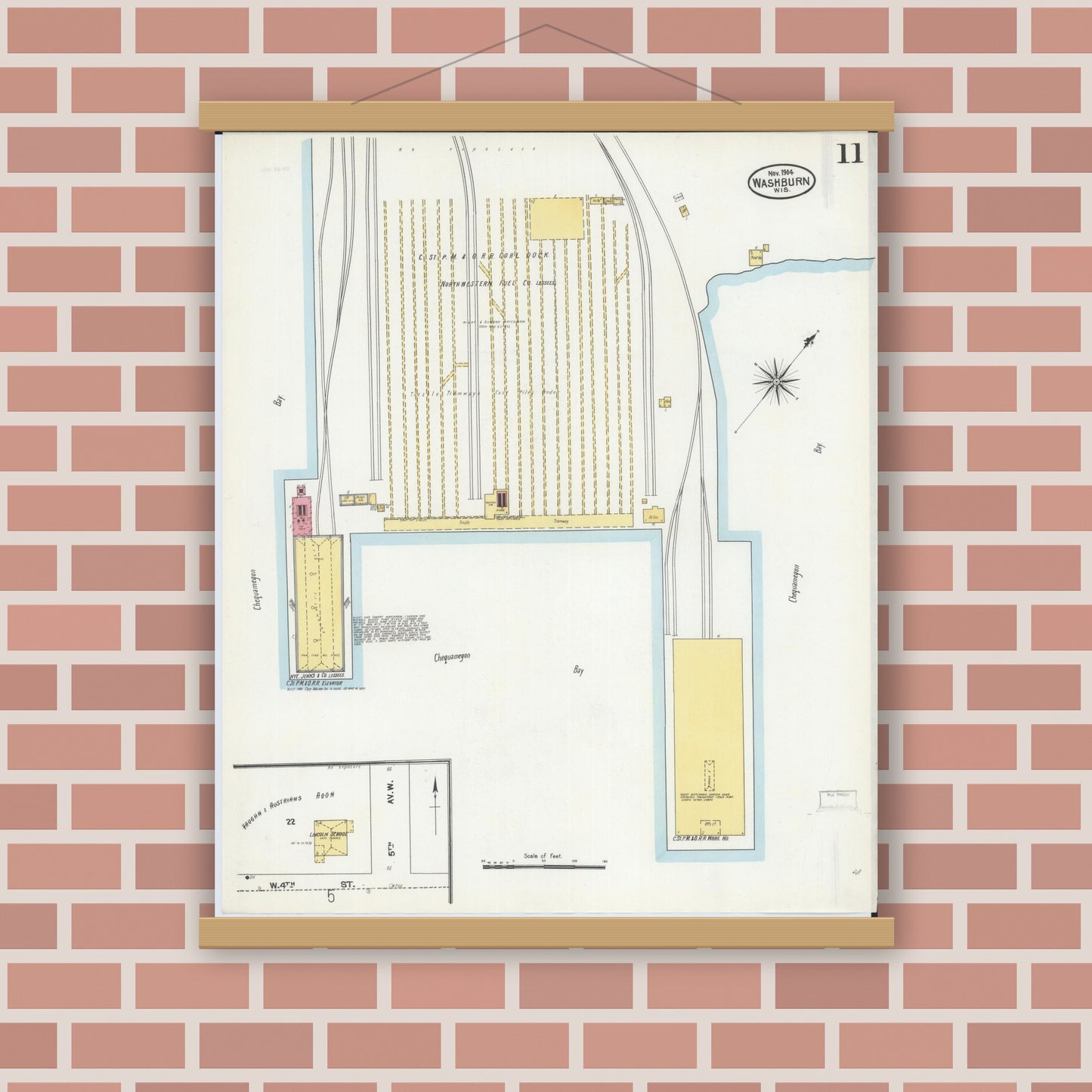 Old map wall art mockup — magnetic wood frame on brick wall — Sanborn Fire Insurance Map from Washburn, Bayfield County, Wisconsin (1904), Sheet #0011