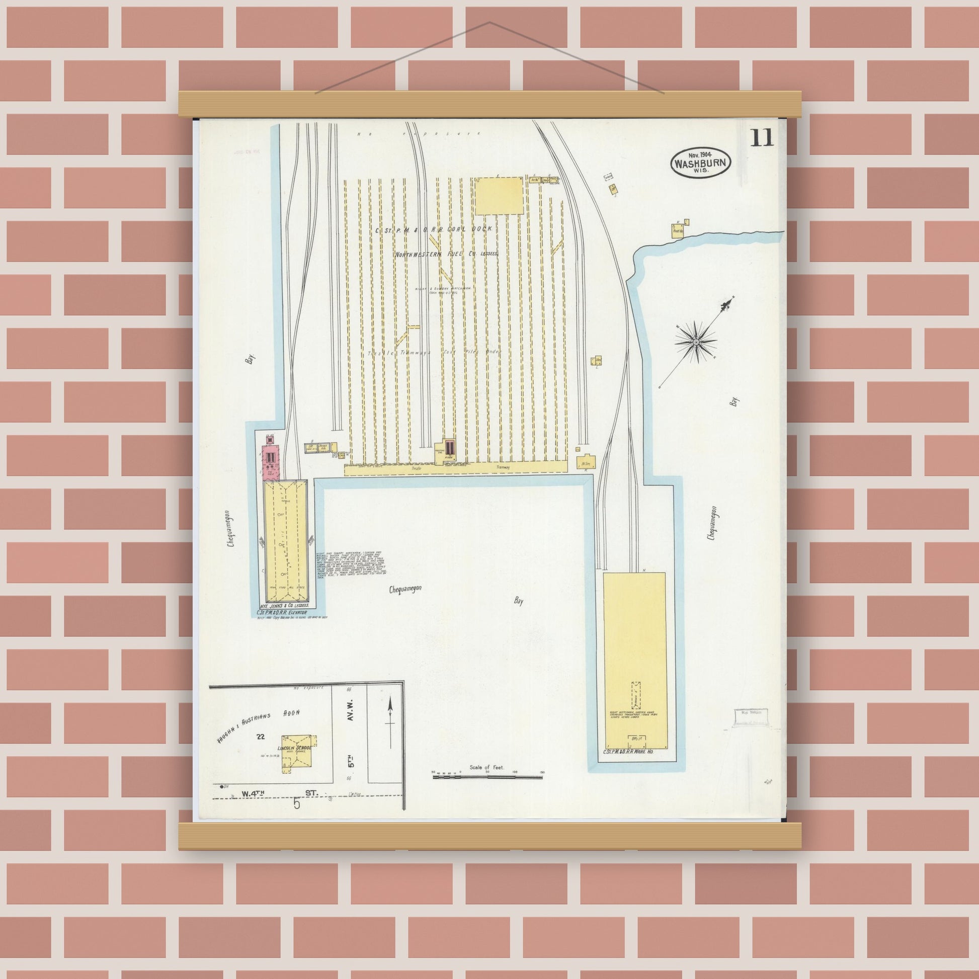 Old map wall art mockup — magnetic wood frame on brick wall — Sanborn Fire Insurance Map from Washburn, Bayfield County, Wisconsin (1904), Sheet #0011