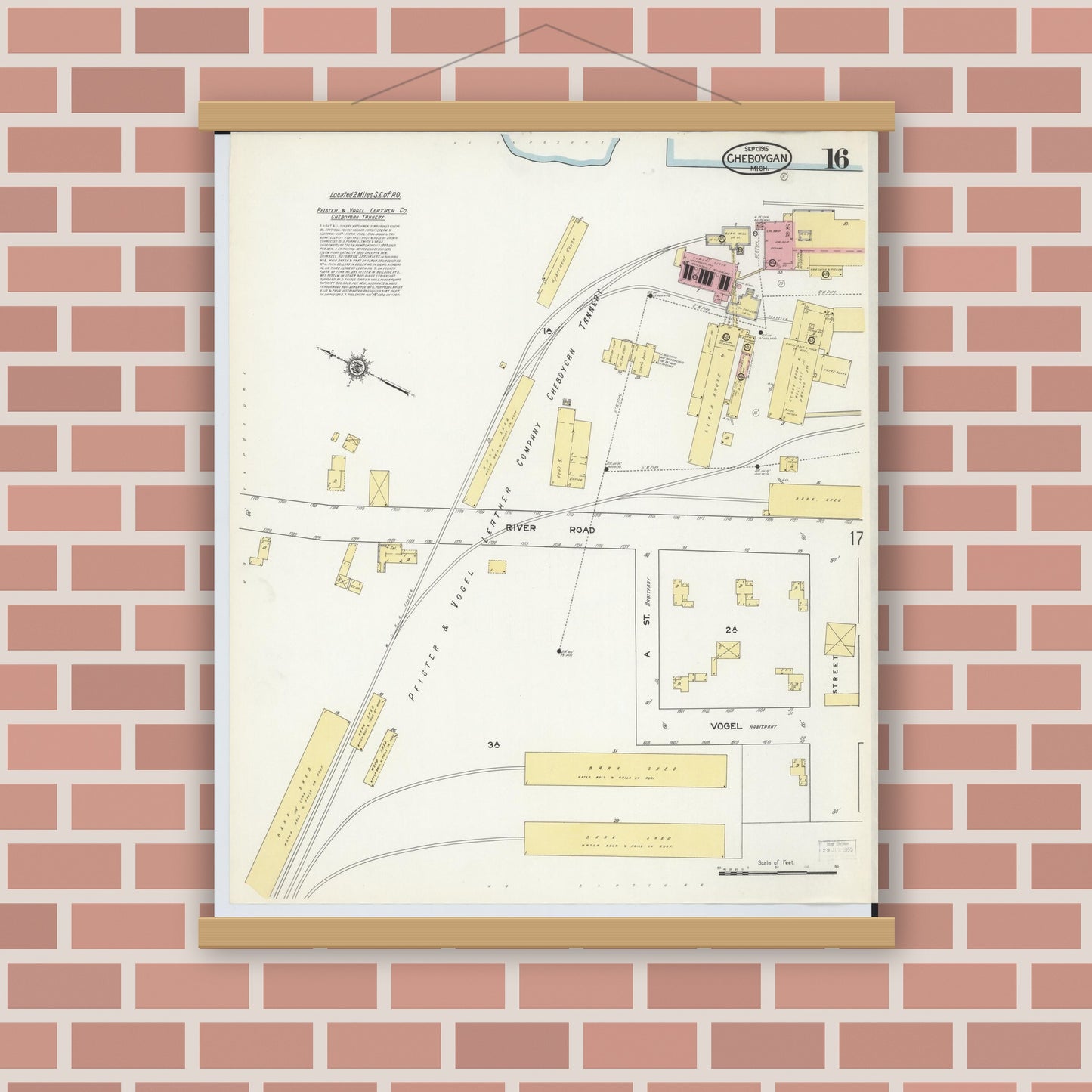 Old map wall art mockup — magnetic wood frame on brick wall — Sanborn Fire Insurance Map from Cheboygan, Cheboygan County, Michigan (1915), Sheet #0016