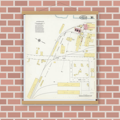 Old map wall art mockup — magnetic wood frame on brick wall — Sanborn Fire Insurance Map from Cheboygan, Cheboygan County, Michigan (1915), Sheet #0016