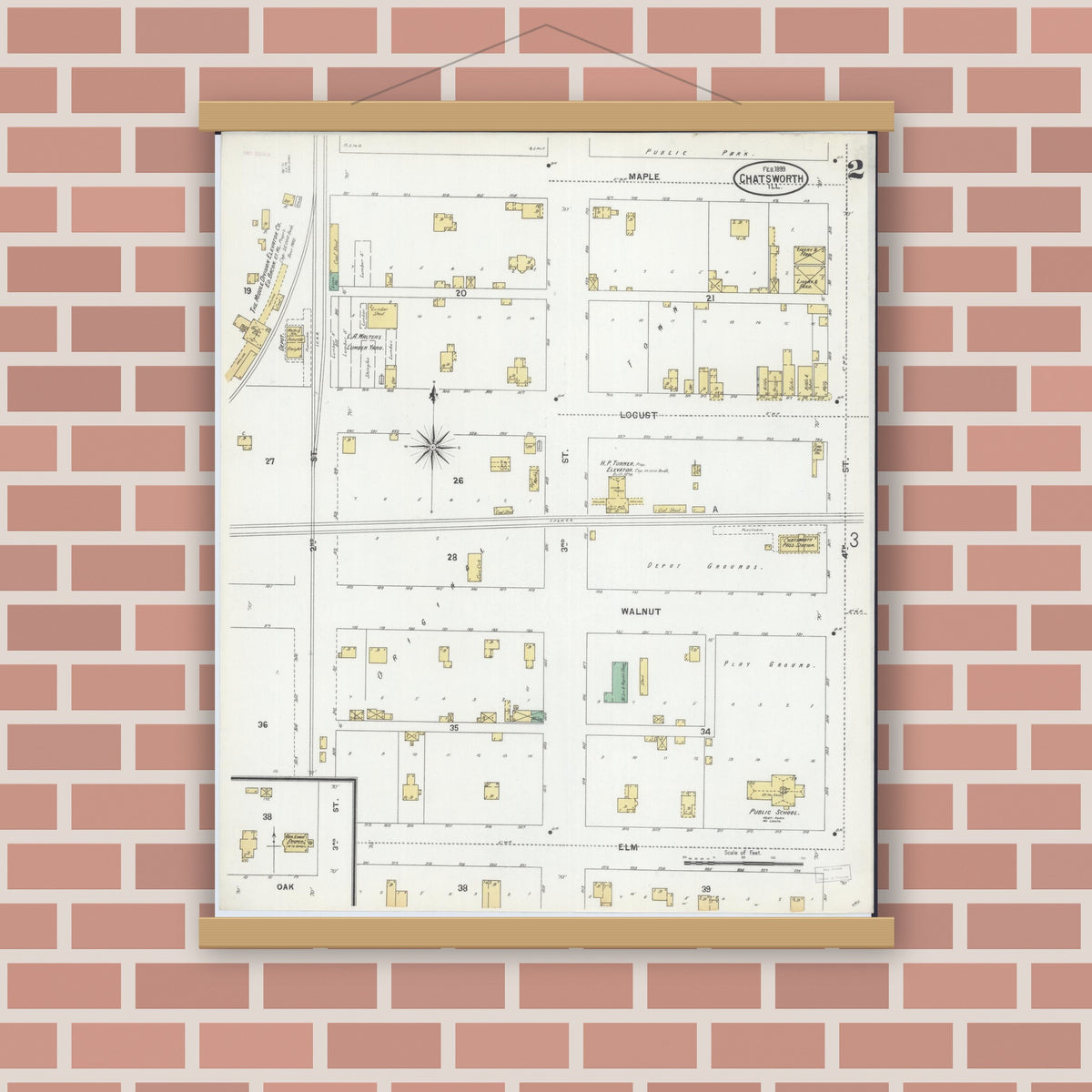 Old map wall art mockup — magnetic wood frame on brick wall — Sanborn Fire Insurance Map from Chatsworth, Livingston County, Illinois (1899), Sheet #0002