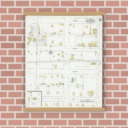 Old map wall art mockup — magnetic wood frame on brick wall — Sanborn Fire Insurance Map from Chatsworth, Livingston County, Illinois (1899), Sheet #0002