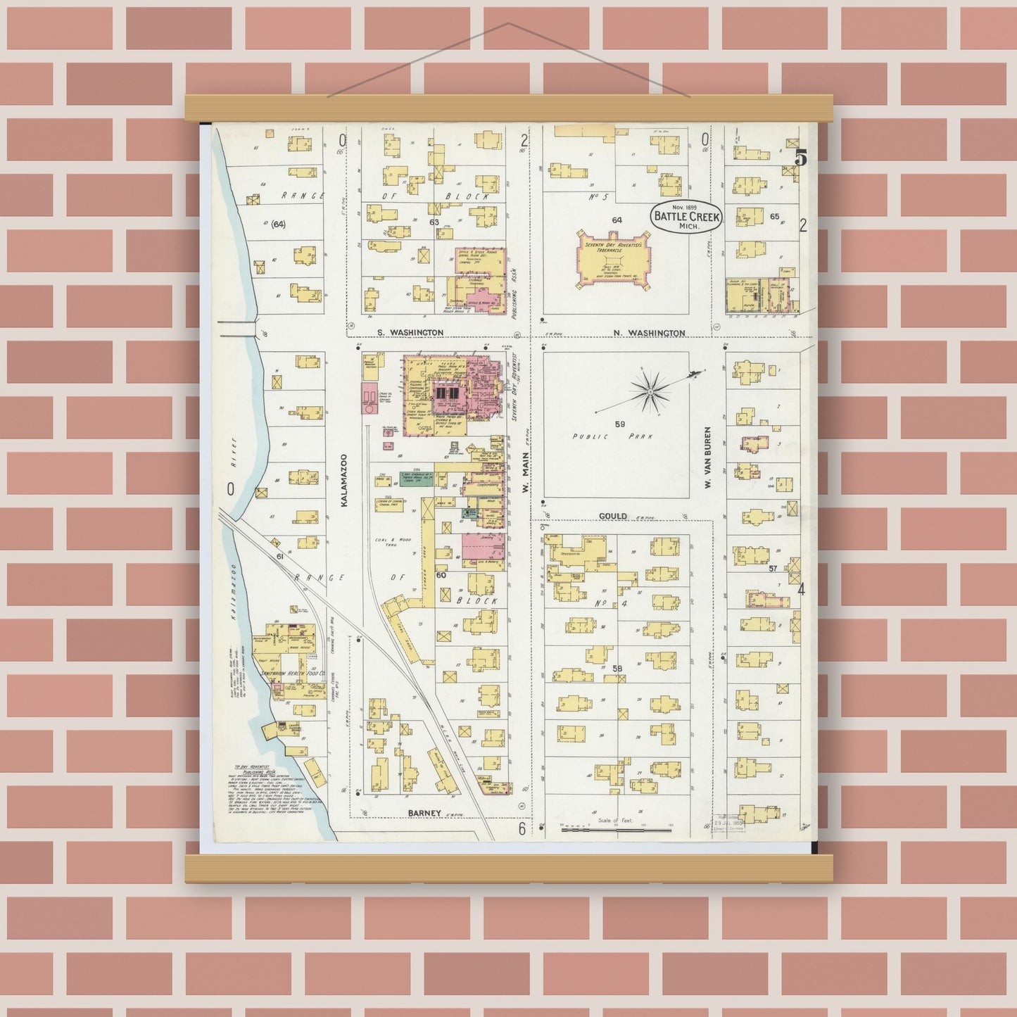 Old map wall art mockup — magnetic wood frame on brick wall — Sanborn Fire Insurance Map from Battle Creek, Calhoun County, Michigan (1899), Sheet #0005