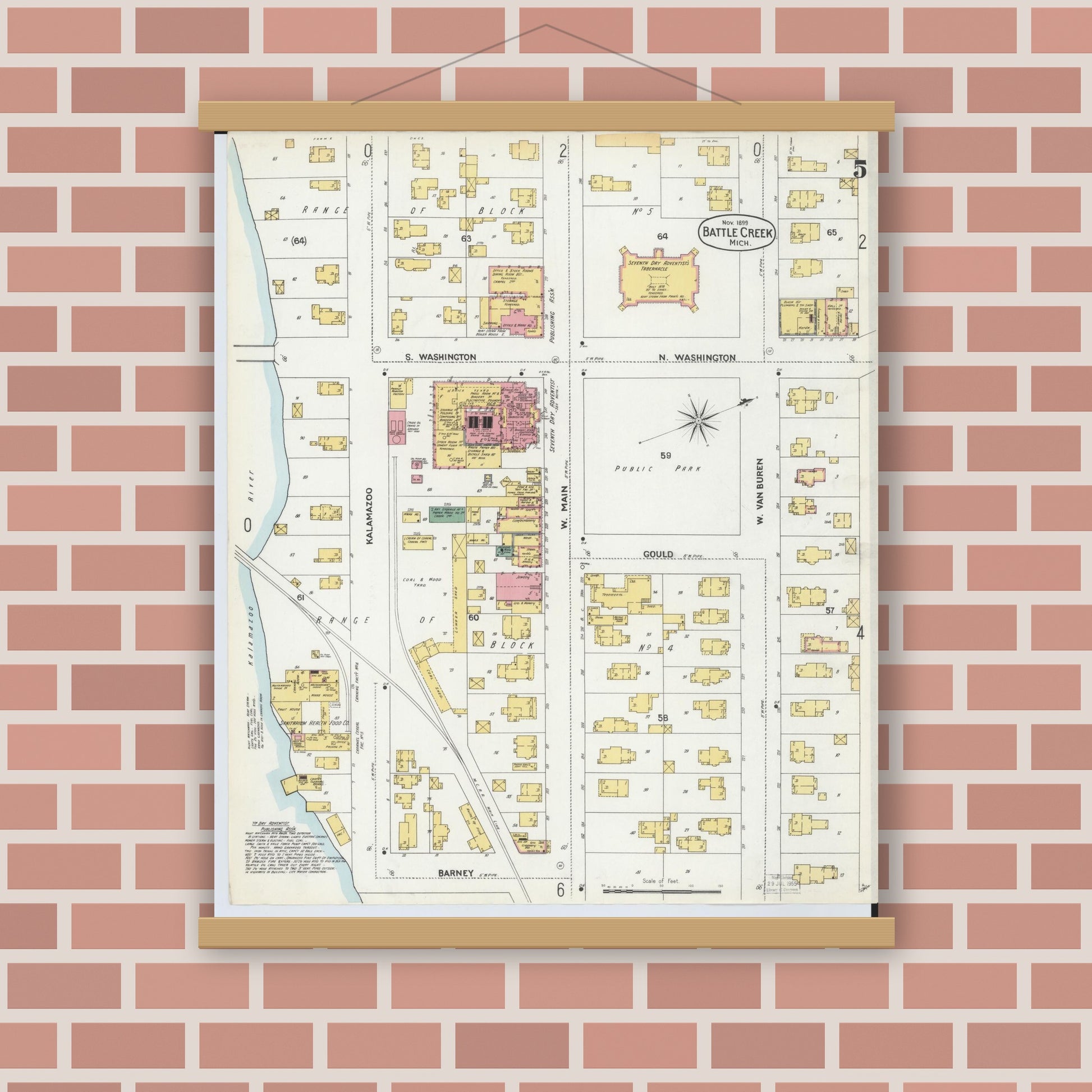 Old map wall art mockup — magnetic wood frame on brick wall — Sanborn Fire Insurance Map from Battle Creek, Calhoun County, Michigan (1899), Sheet #0005